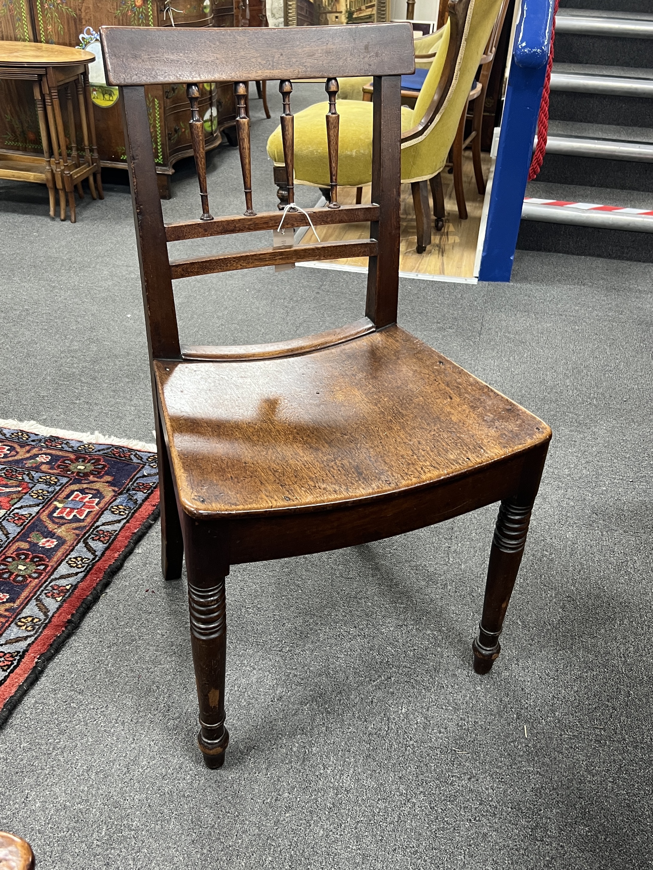 A set of six Regency Provincial mahogany wood seat dining chairs, width 48cm, depth 39cm, height 87cm